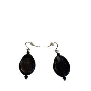 Marbled Glass Bead Dangle Earrings Black White Silvertone Hooks 1.25 inch
